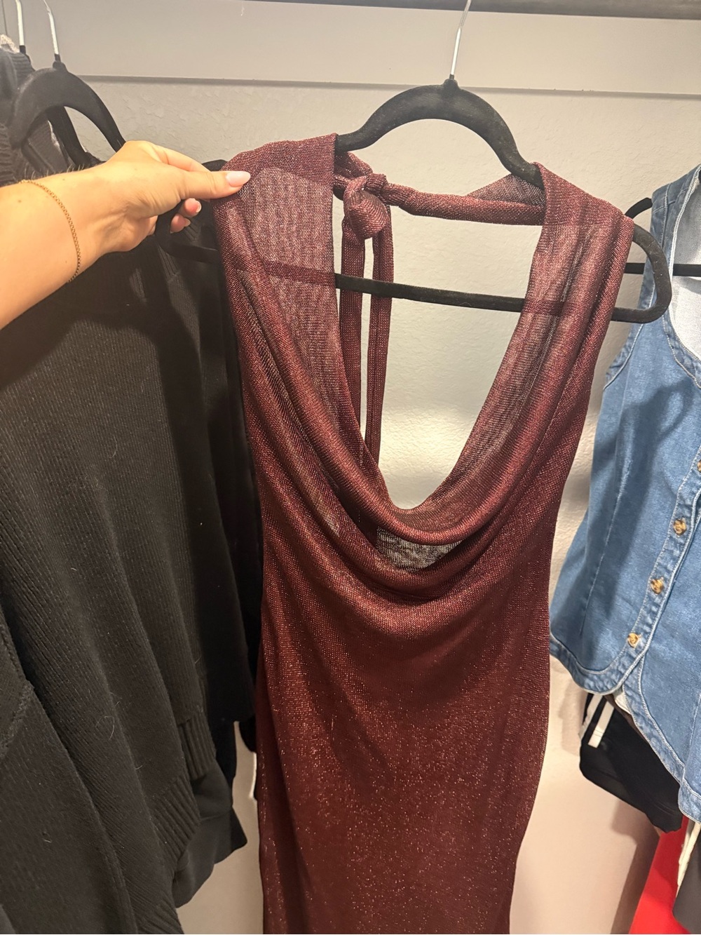 Windsor Metallic Burgundy Cowl-Back Turtleneck Sweater Dress